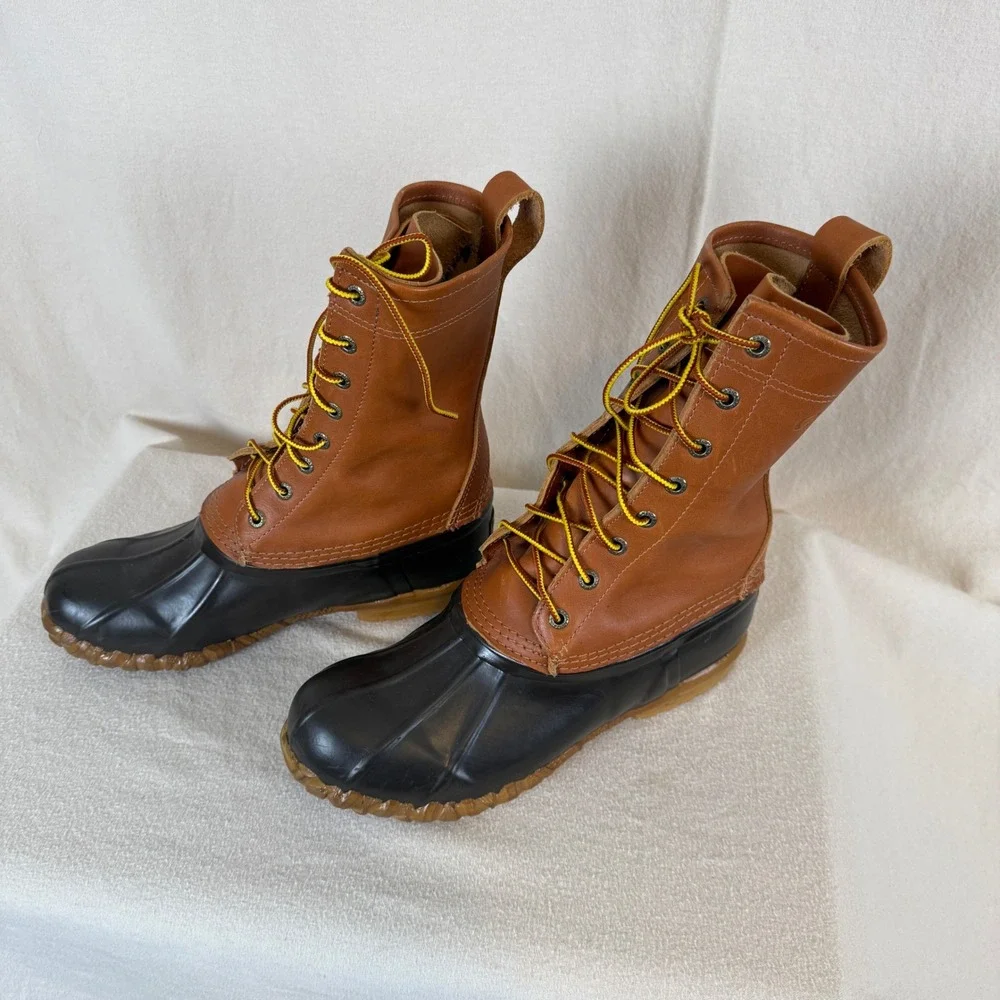 Cabelas Mens 9 Leather Rubber Duck Boots Brown Black 82-0017 Steel Shank 11 Inch